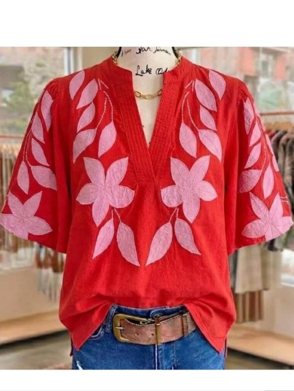 New W Tag Sage Vell Red Cotton Tunic Blouse Pink Embroidered Flowers Small